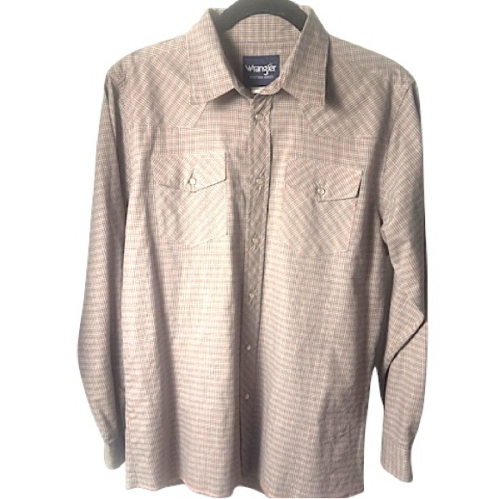 Wrangler Men's Tan Checkered Pearl Snap Down Shirt tan peach green plaid
XXL